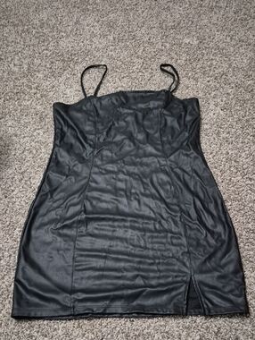 Black Faux Leather Mini Dress with Spaghetti Straps